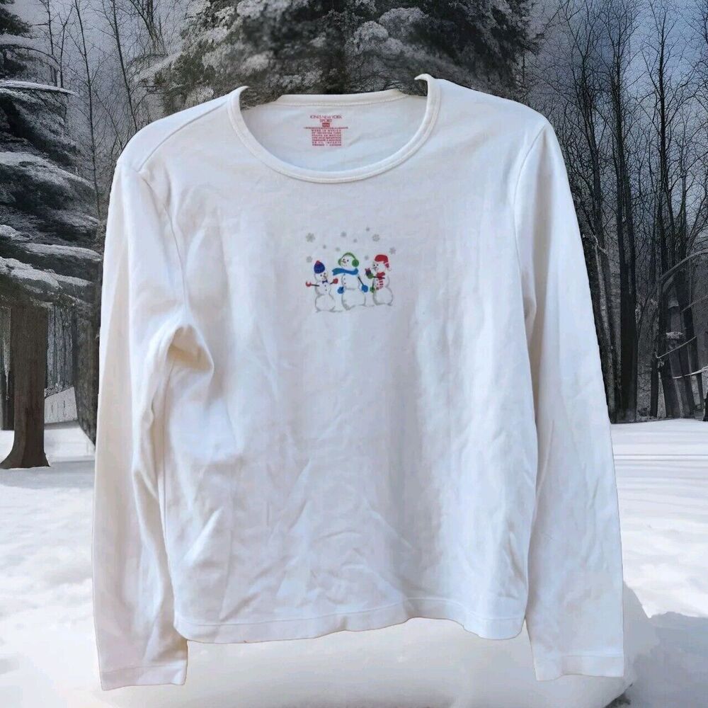 Jones New York Womens Long Slv White Tshirt Top Small S Winter Snowmen Christmas